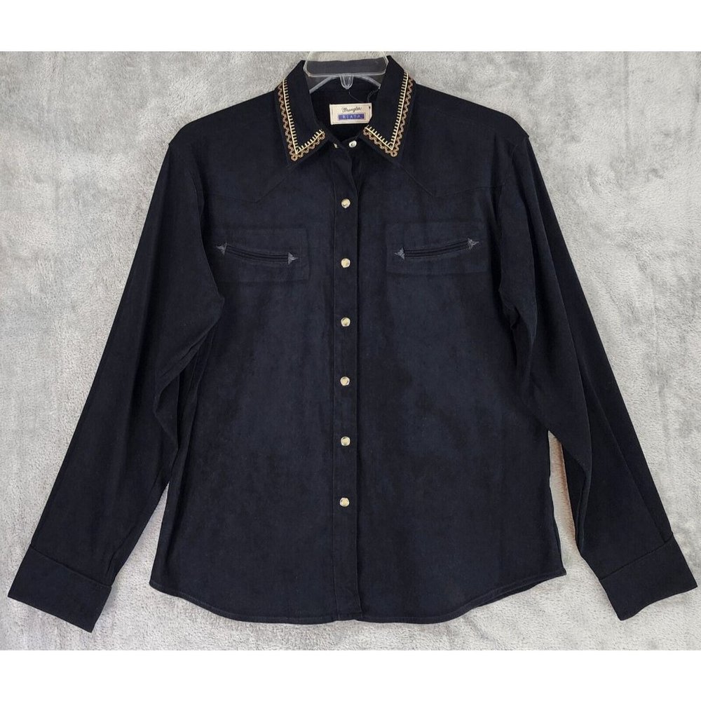 Wrangler Riata Shirt Womens XLarge Black Faux‎ Suede Western Vintage Pearl Snap